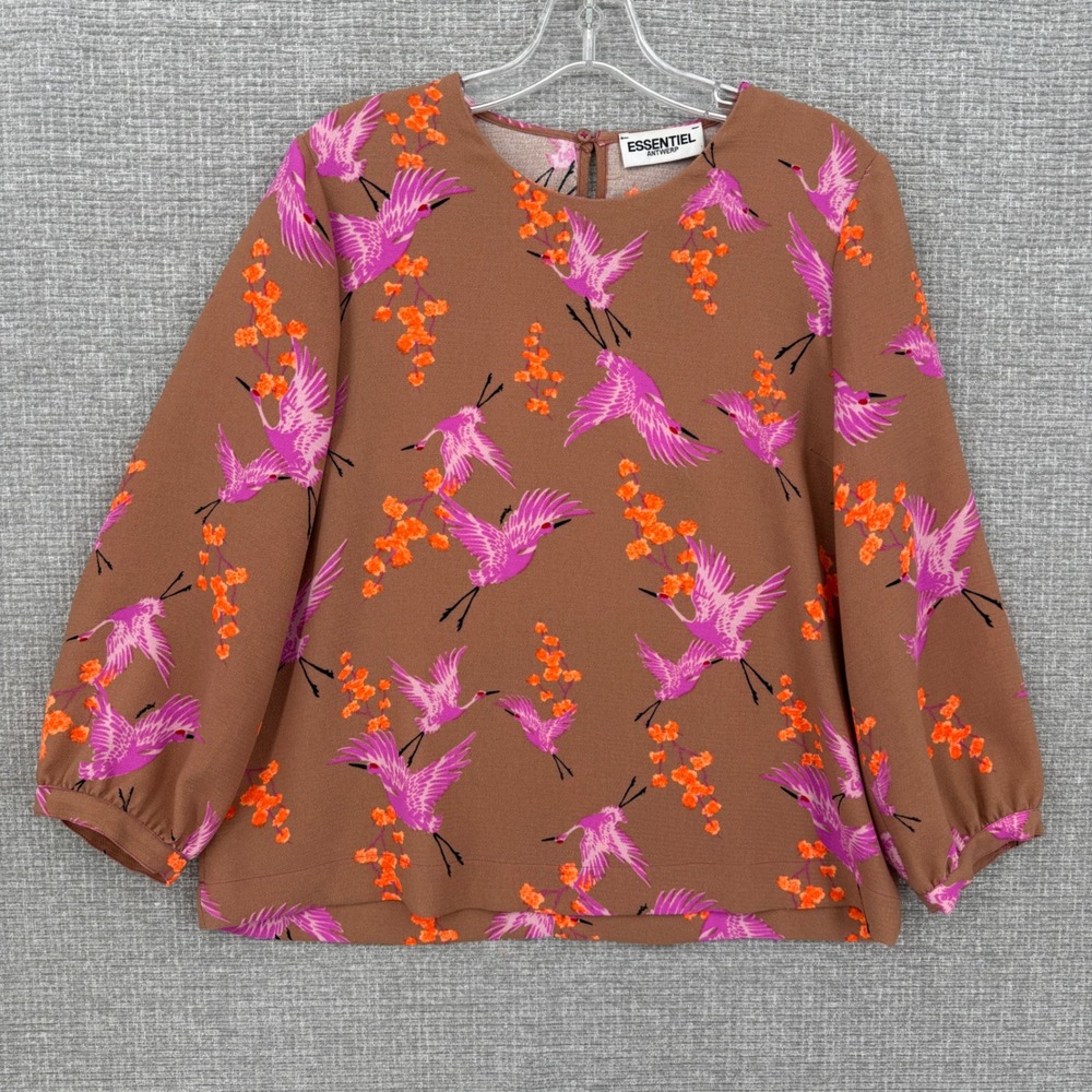 Essentiel Antwerp Blouse Women Sz 8 M Brown Pink Crane Bird Art Long Sleeve Boho